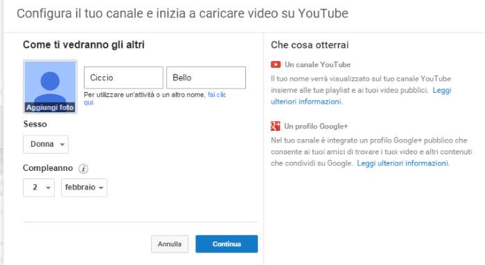 creare canale youtube