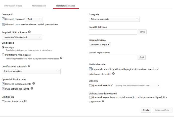 impostazioni video youtube