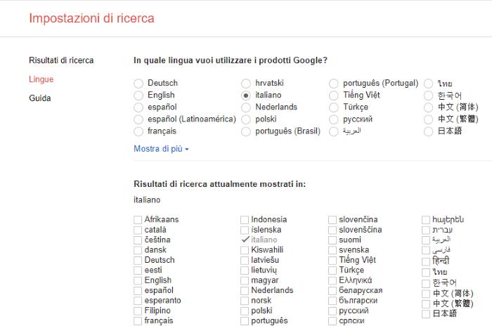 cambiare lingua google servizi