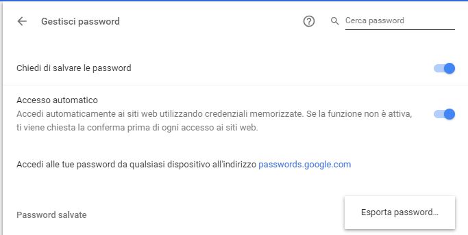 come esportare password google chrome