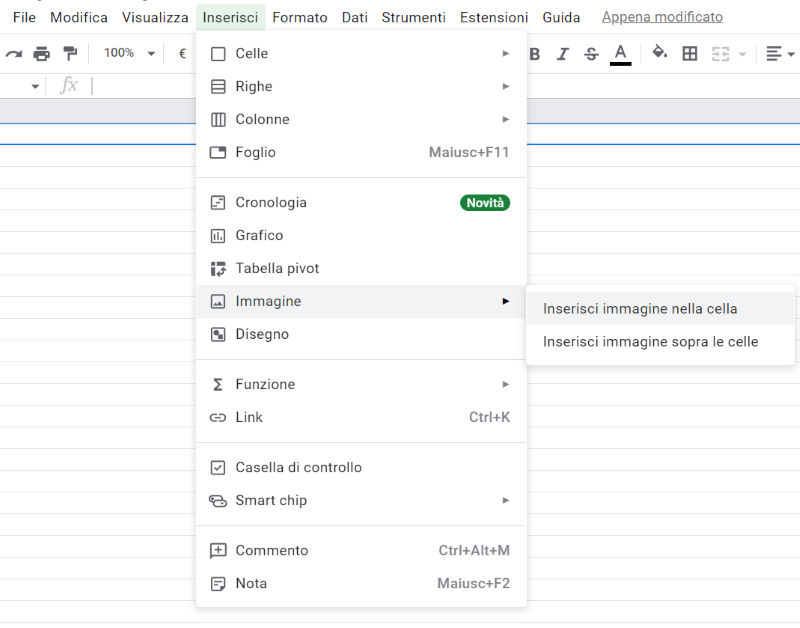 inserisci immagini foglio google